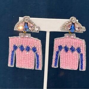 Kentucky Derby Pink and Blue Beaded Rhinestones Silk Shirt Earrings